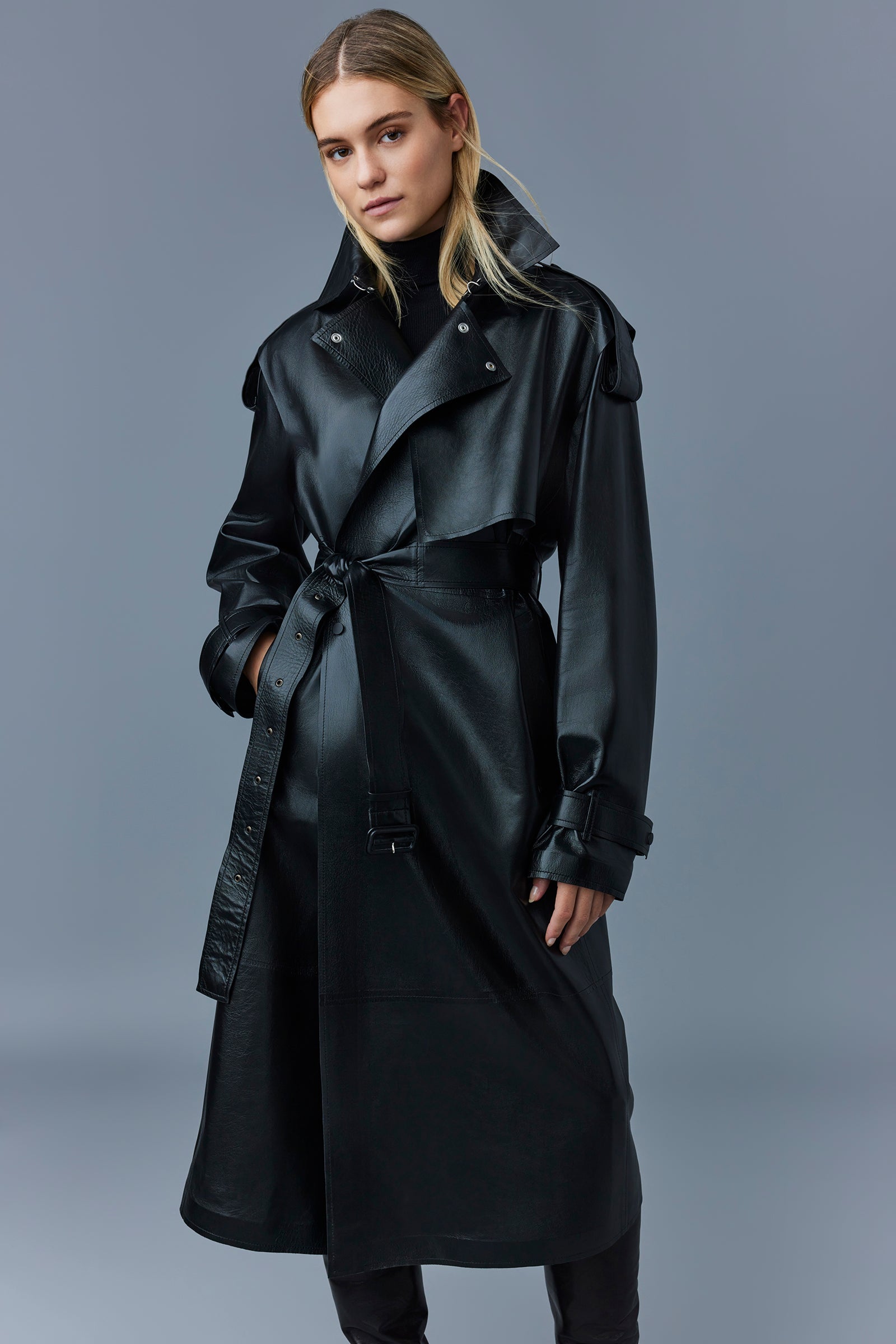 Trench coat long Adriana ceinturé en cuir - Black