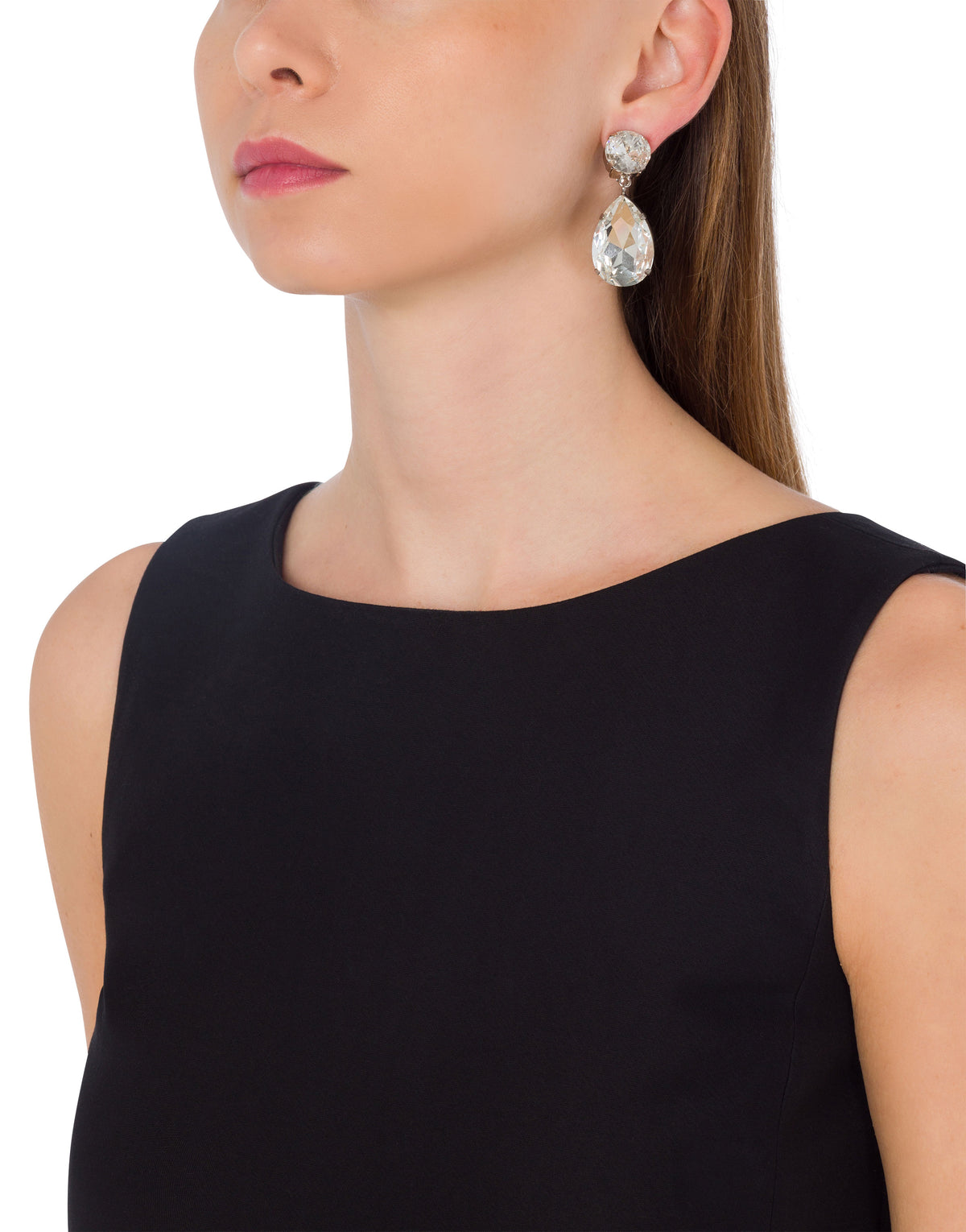 Bijoux earrings with round rhinestones 15 mm and drop - White
