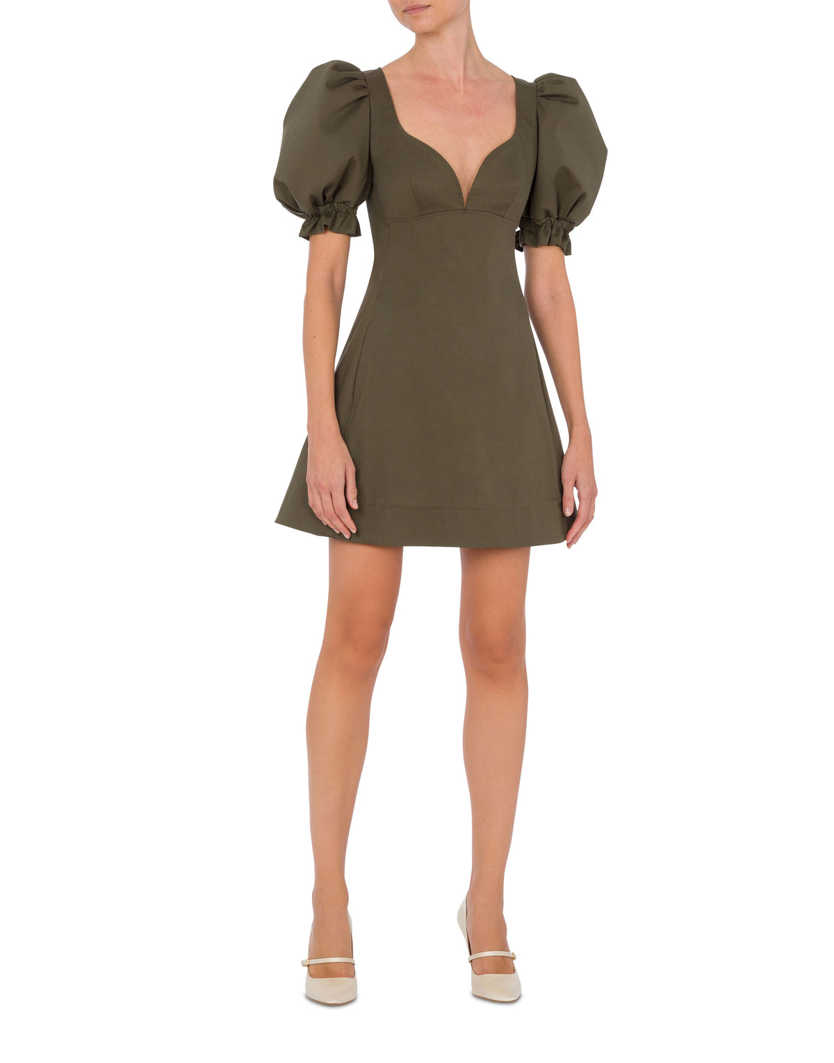 Short cotton dress with balloon sleeves - Green