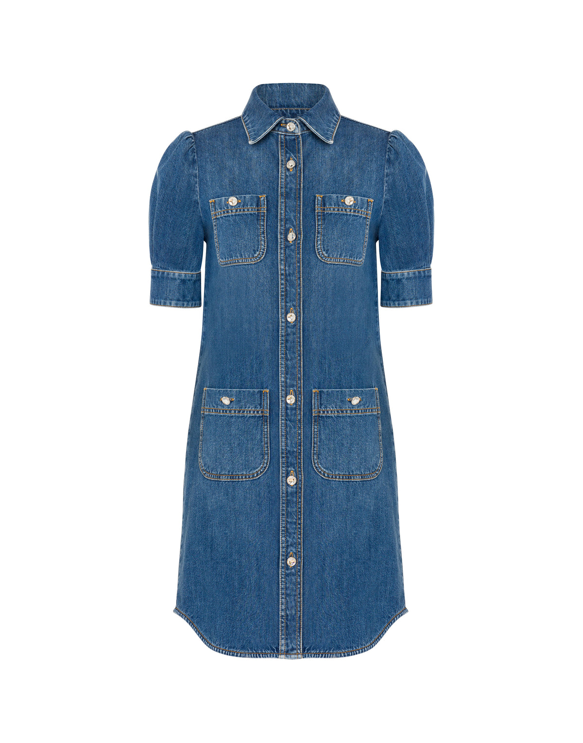 Denim Ring Dress Jeweled Buttons - Blue