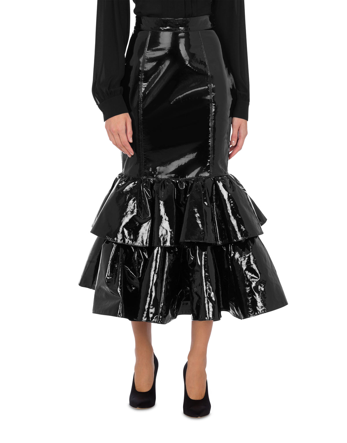 Patent leather skirt with flounces - Black