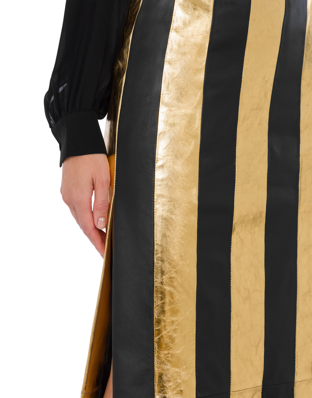 Jupe longue à patchwork rayé en cuir - Black