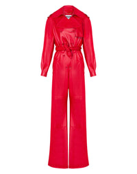 Flared double-breasted leather jumpsuit – Red