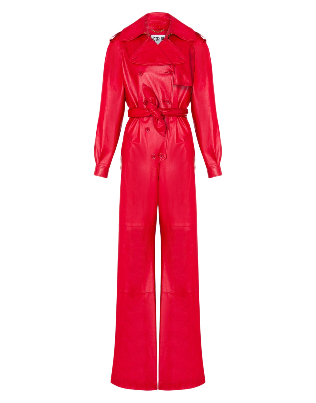 Flared double-breasted leather jumpsuit – Red