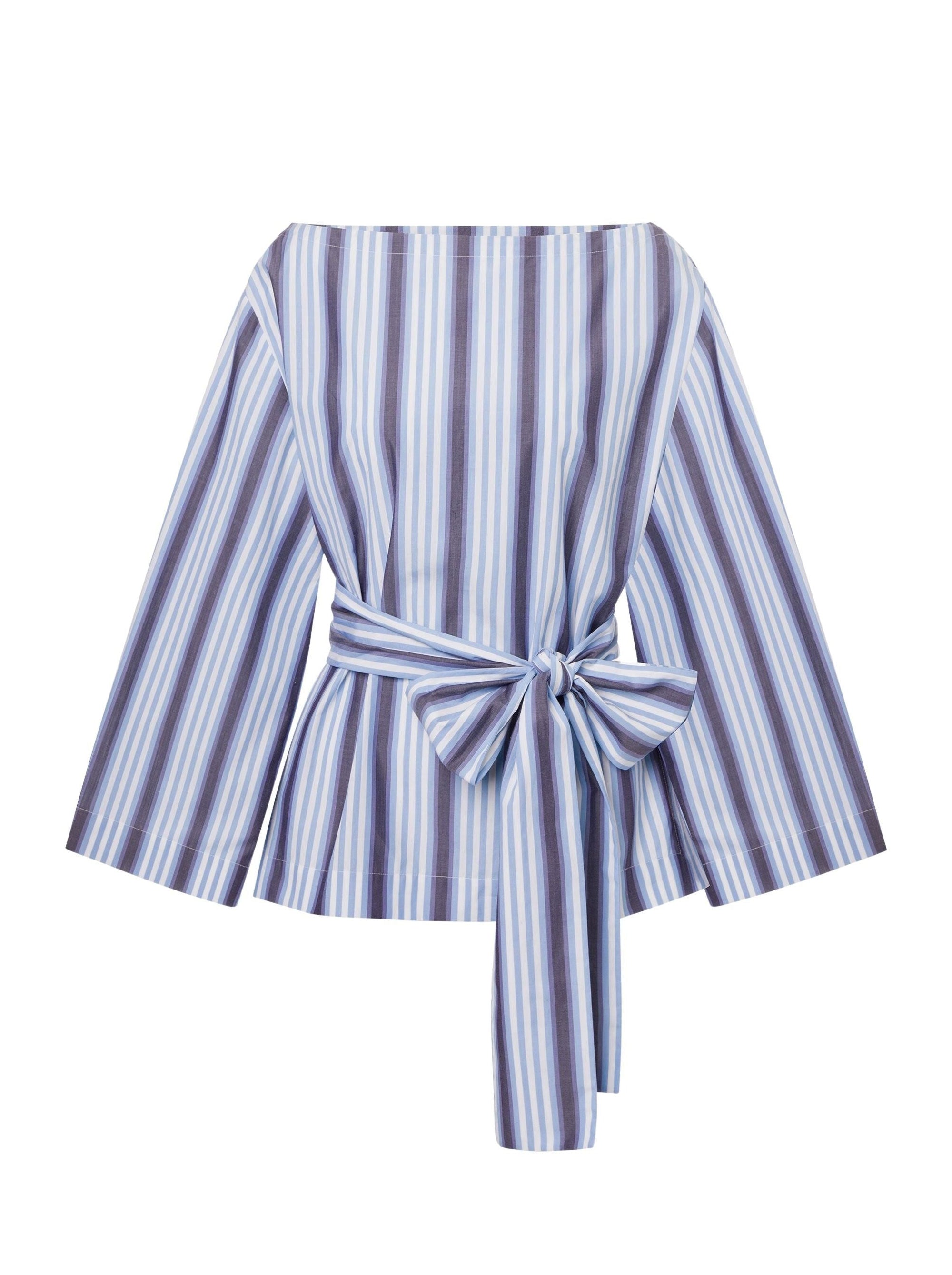 Blouse en popeline rayée avec ceinture - Light Blue