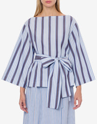 Blouse en popeline rayée avec ceinture - Light Blue