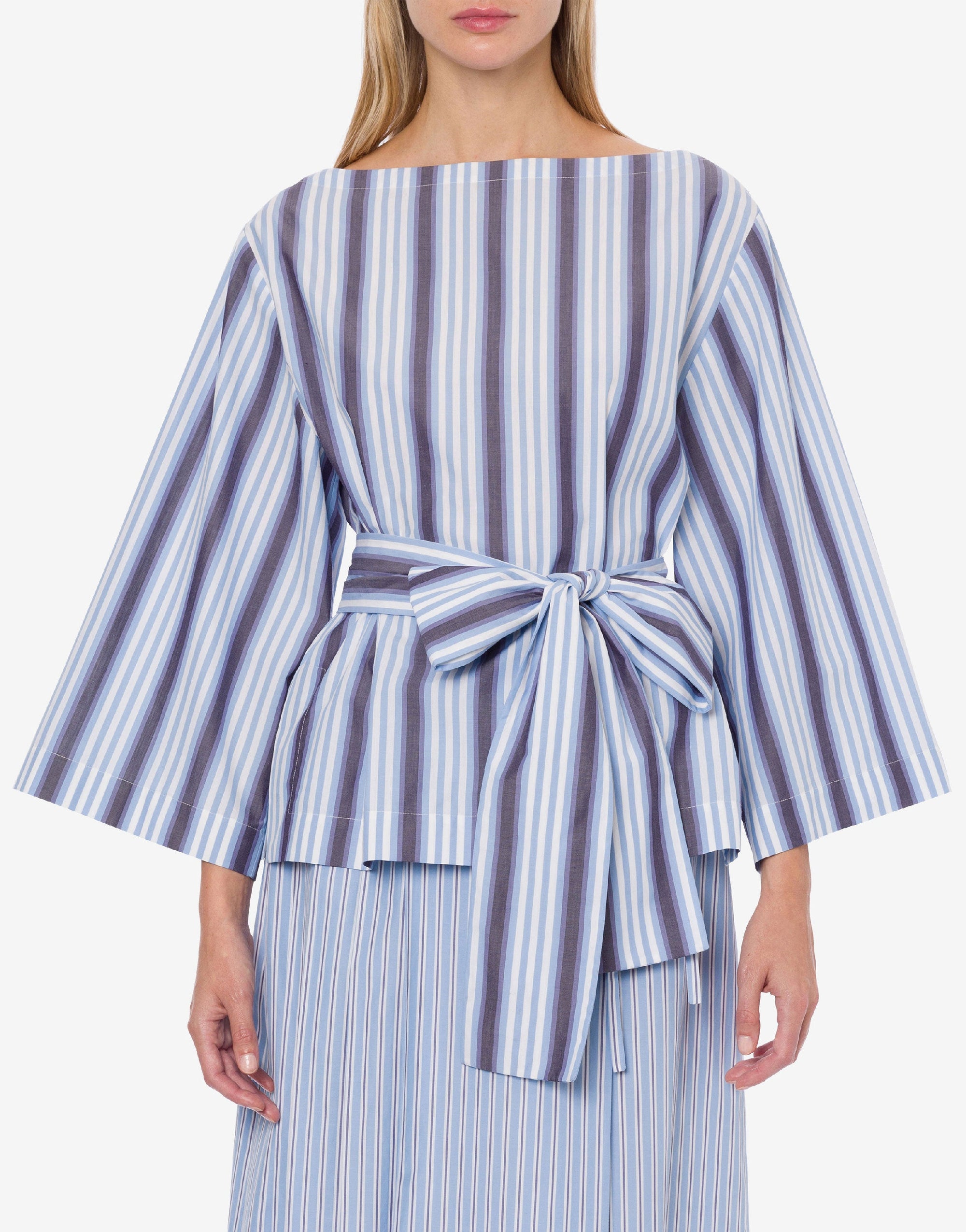Blouse en popeline rayée avec ceinture - Light Blue