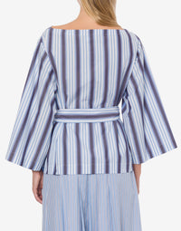 Blouse en popeline rayée avec ceinture - Light Blue