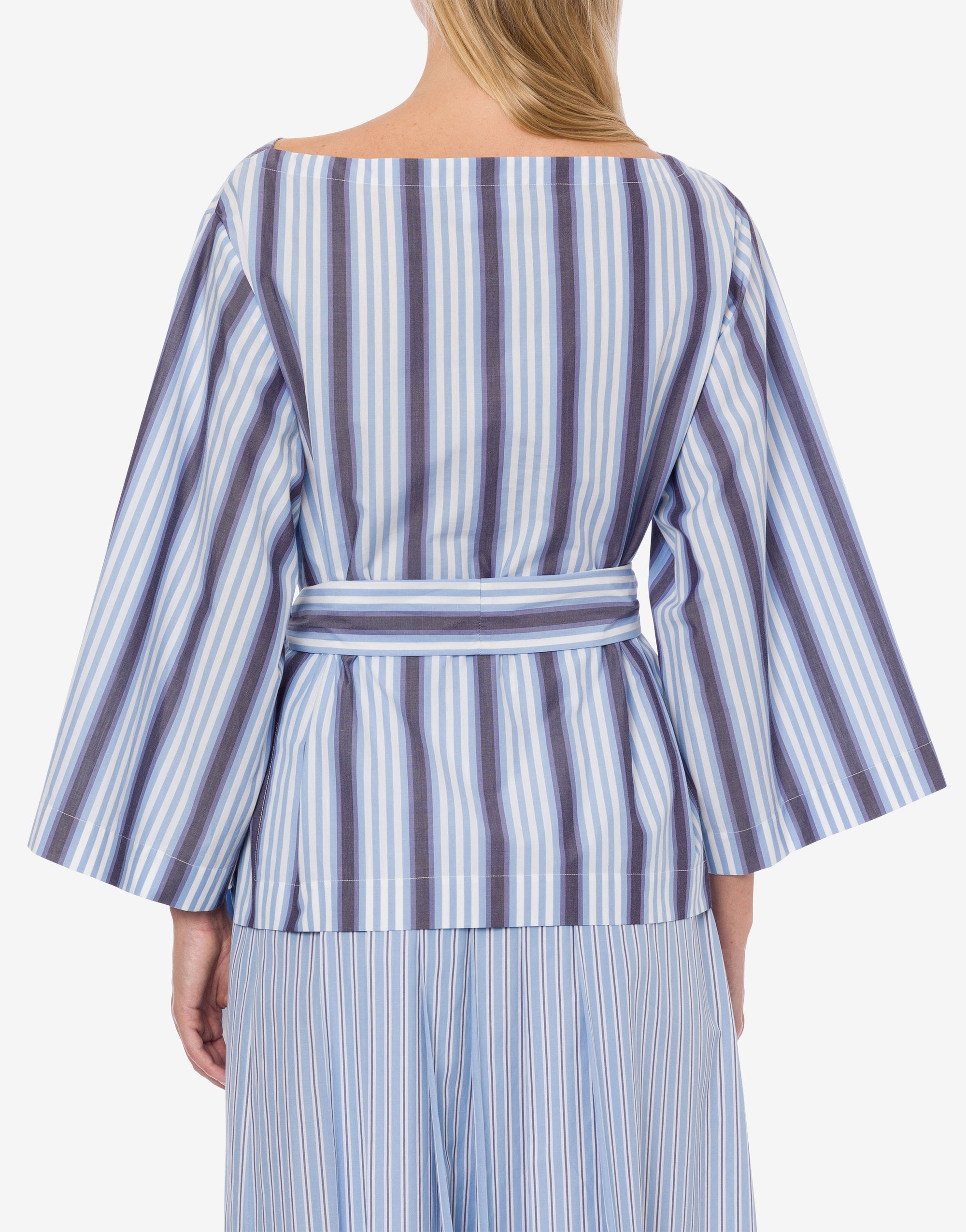 Blouse en popeline rayée avec ceinture - Light Blue