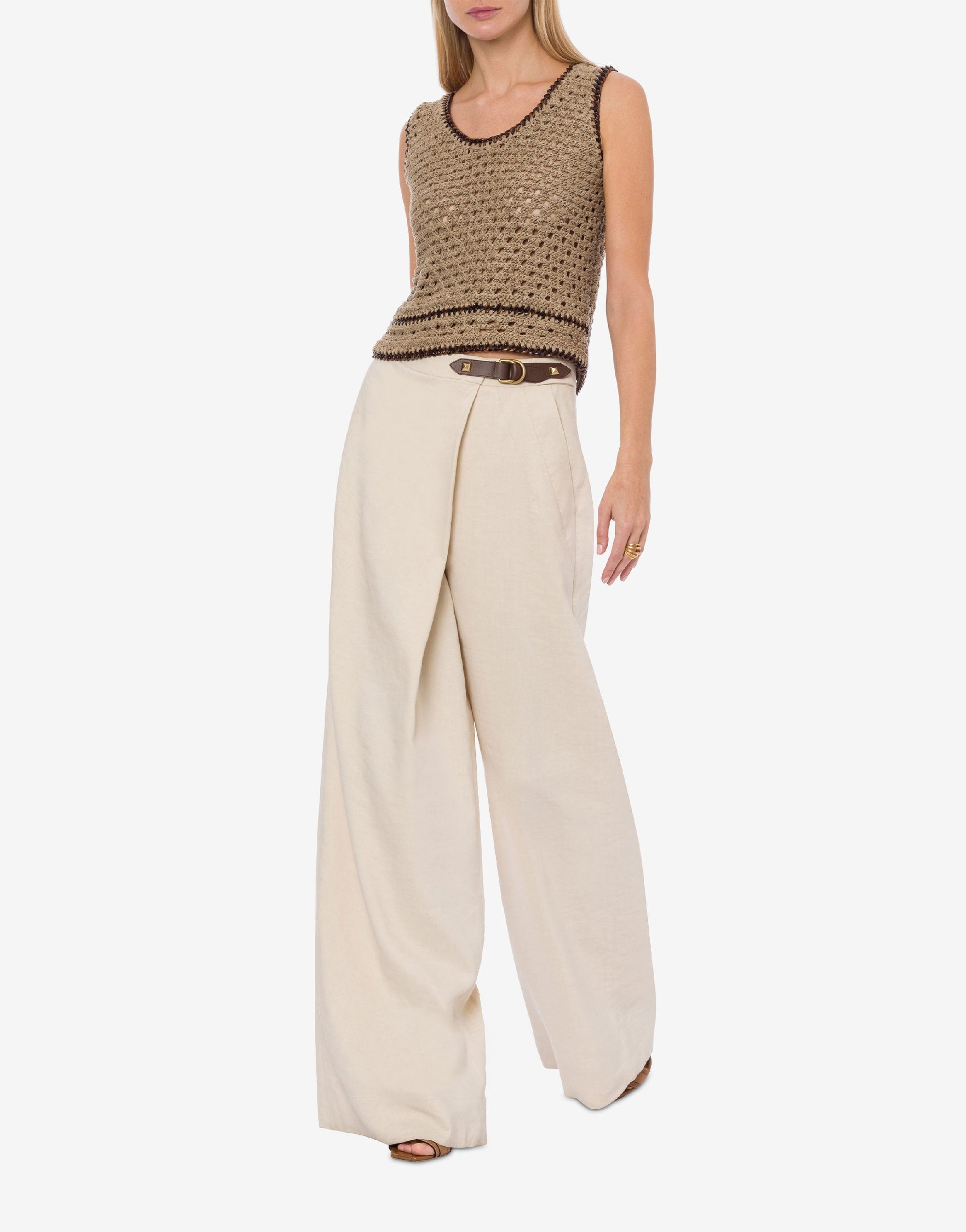 Pantalon stretch en lin mélangé - Beige