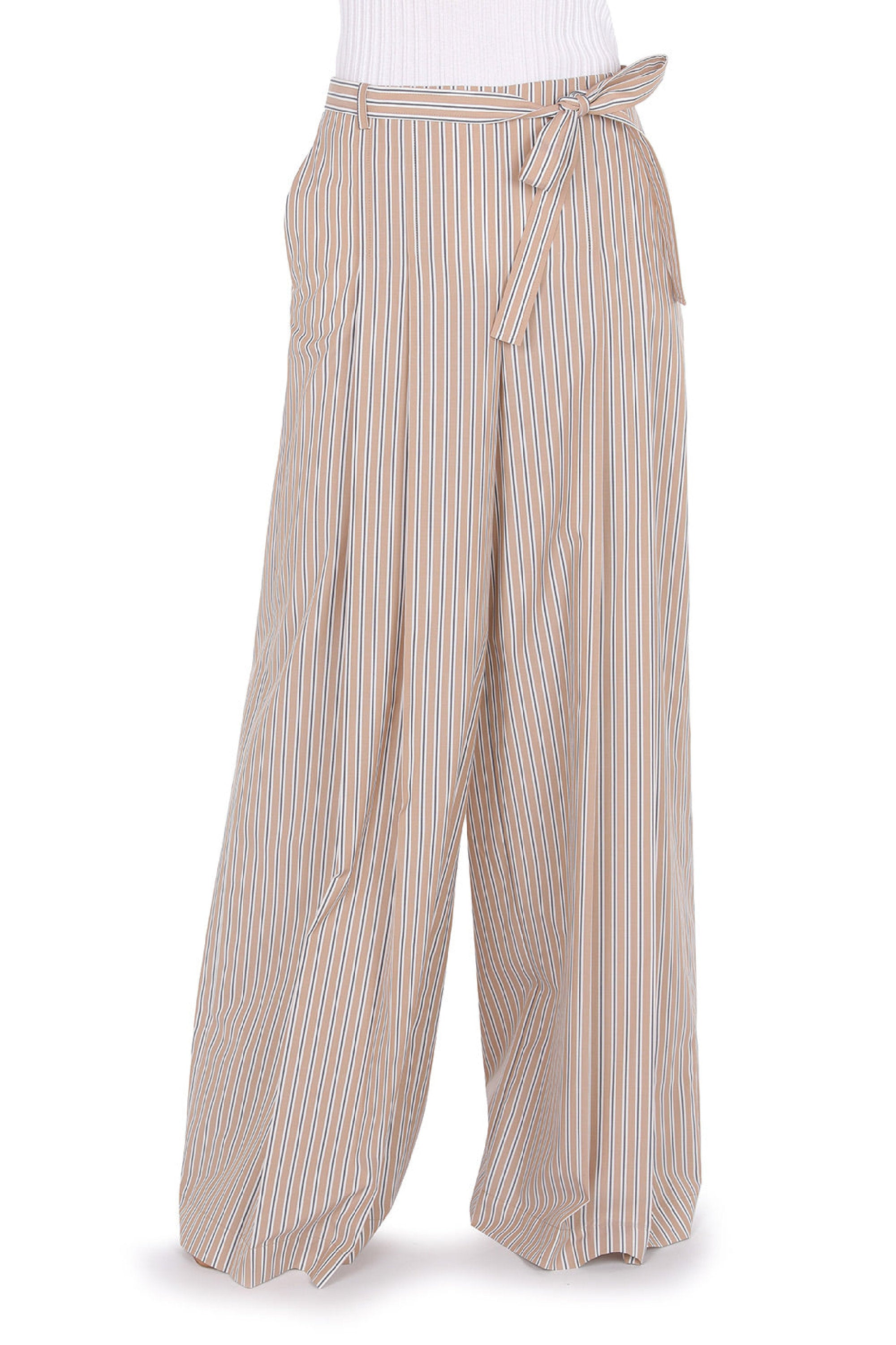 Striped poplin trousers with bow - Beige