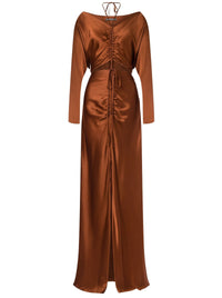 Satin maxi dress with train and drawstring - Brown