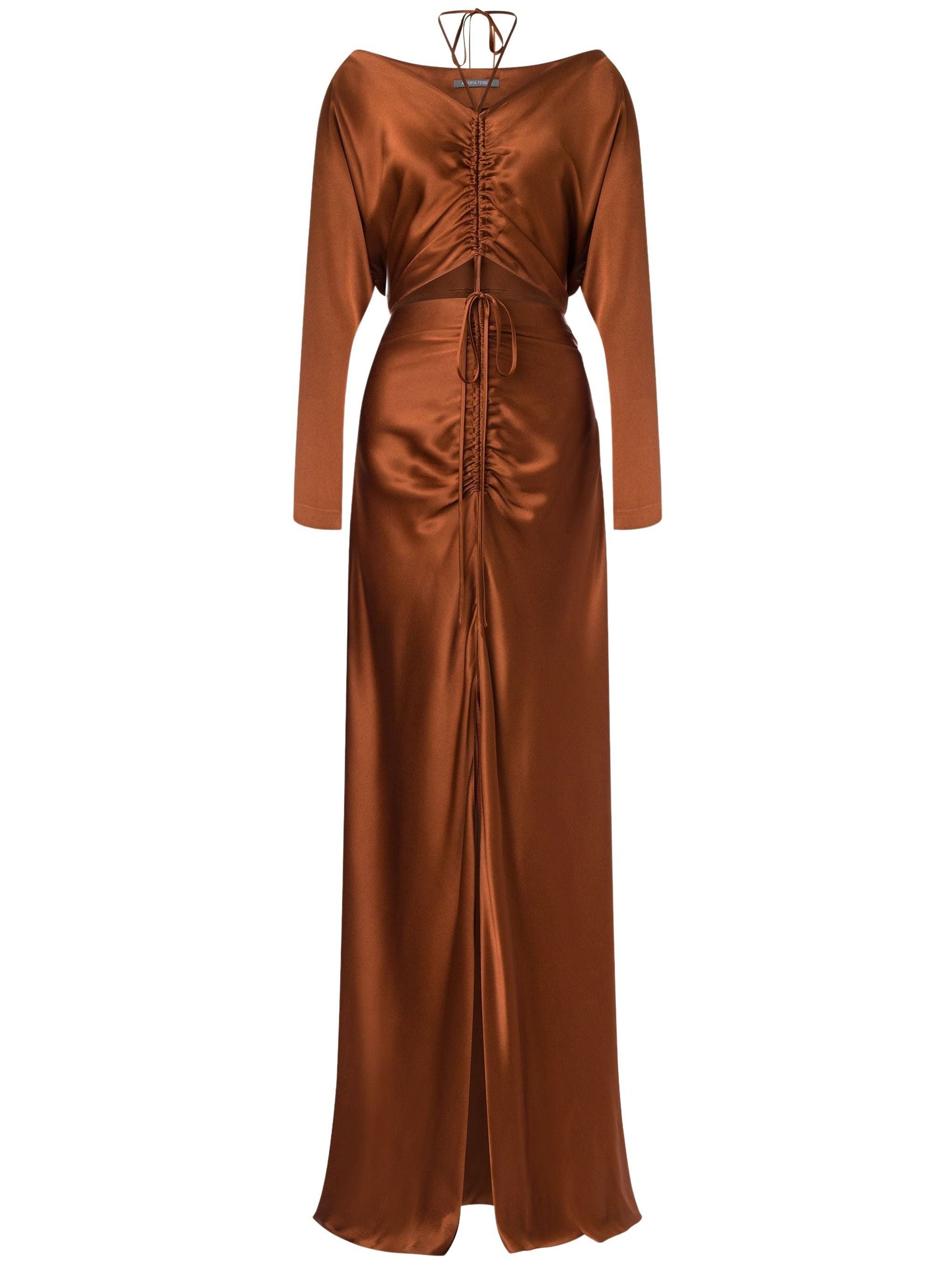 Satin maxi dress with train and drawstring - Brown