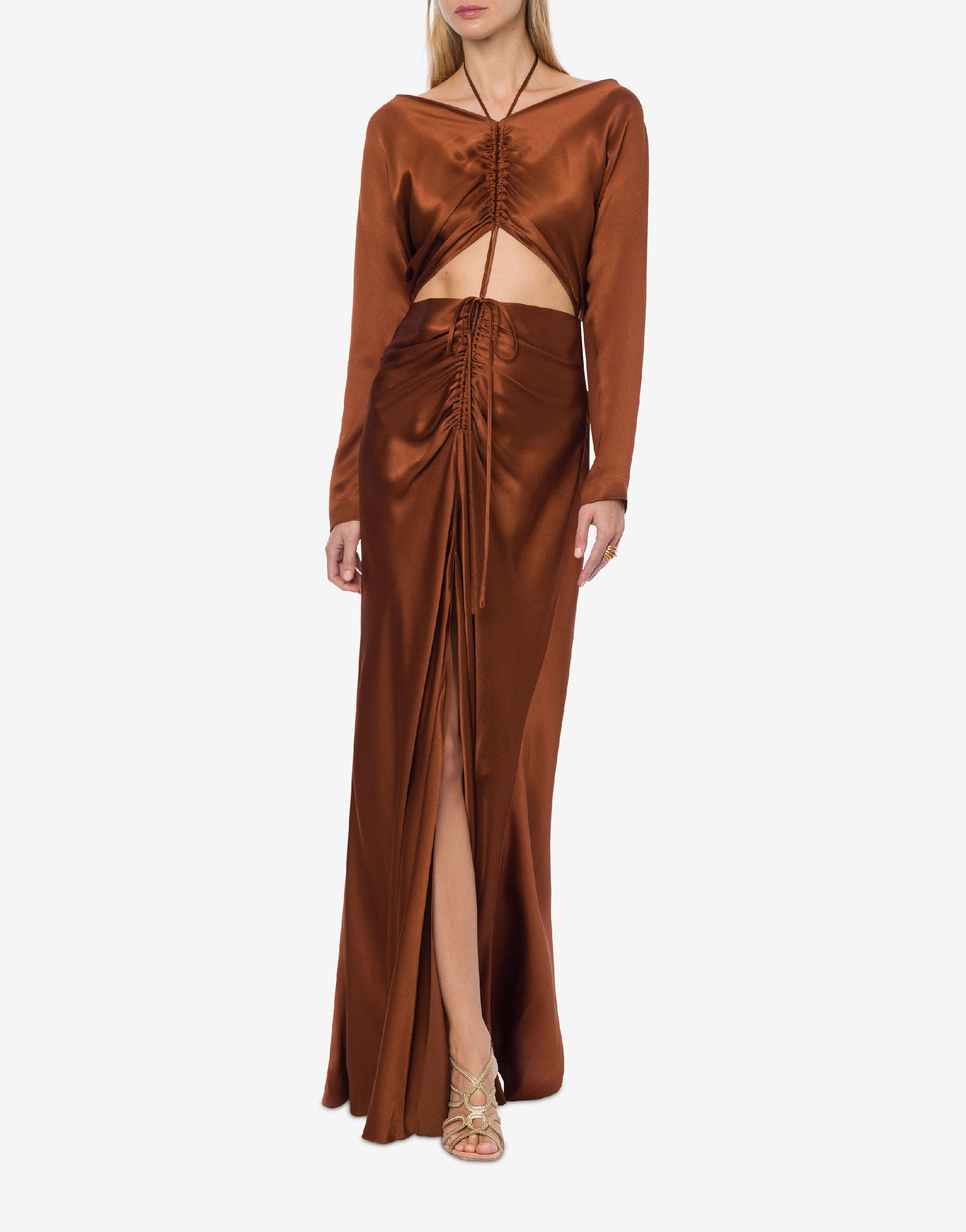 Satin maxi dress with train and drawstring - Brown