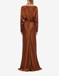 Satin maxi dress with train and drawstring - Brown