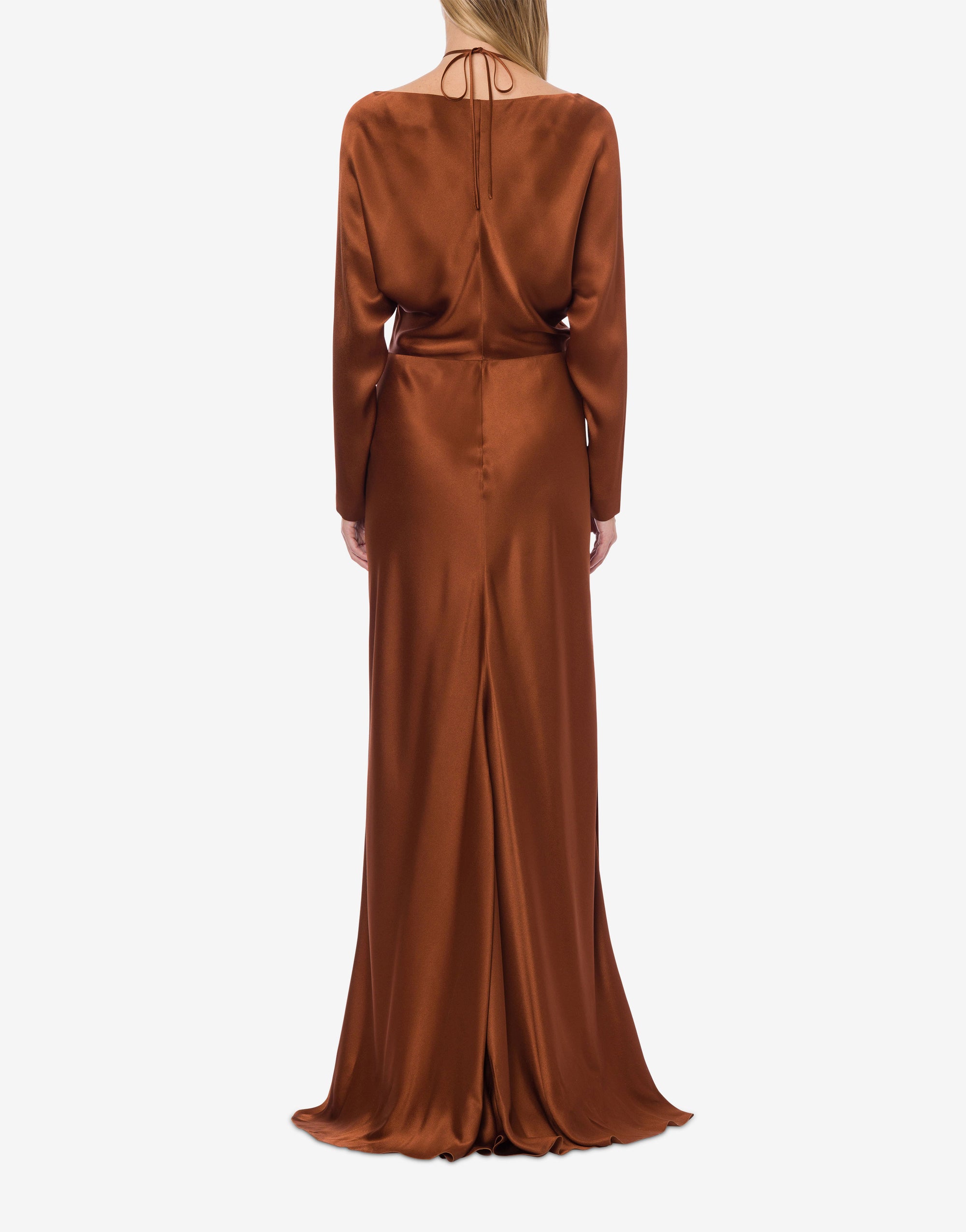 Satin maxi dress with train and drawstring - Brown