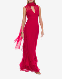 Robe longue avec écharpe en soie - Fucsia