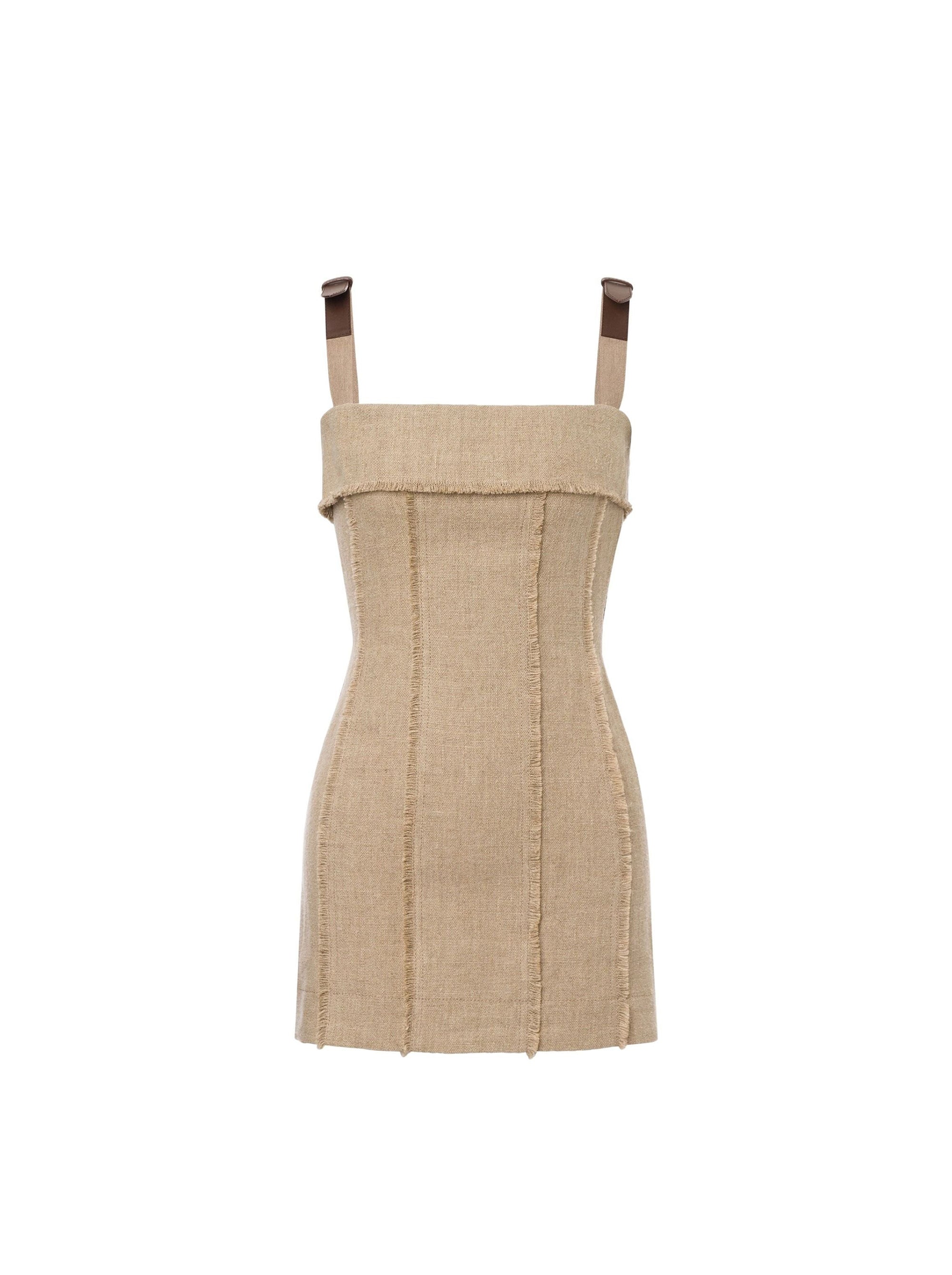 Robe courte en lin natté avec sangles - Beige
