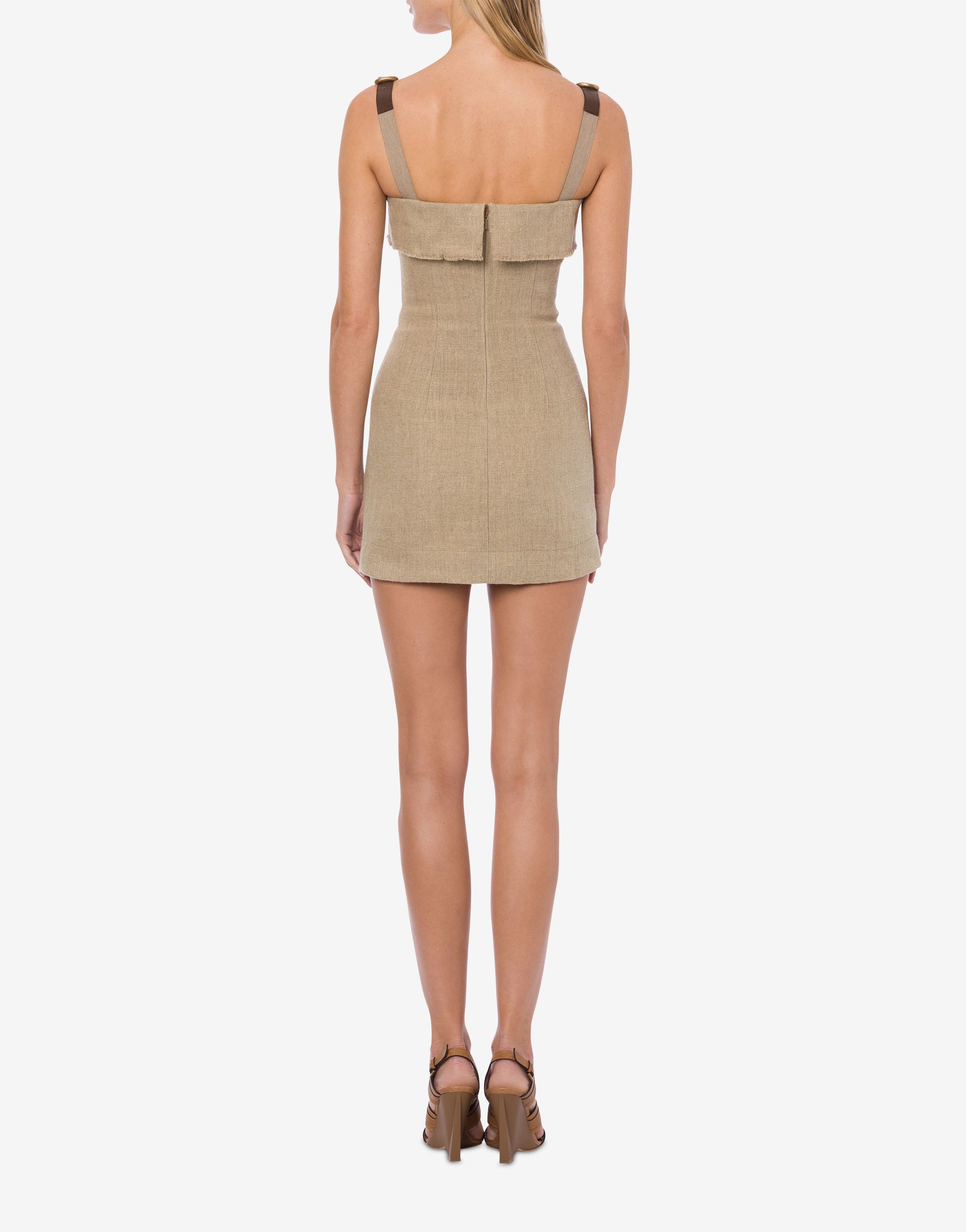 Robe courte en lin natté avec sangles - Beige