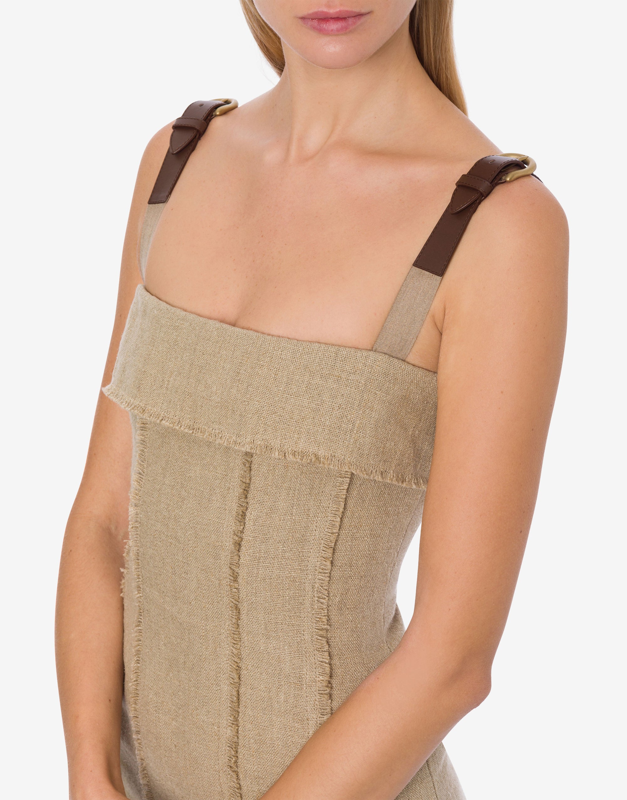 Robe courte en lin natté avec sangles - Beige
