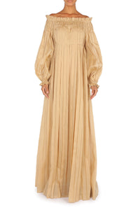 Robe longue en coton plissé - Beige