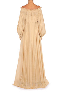 Robe longue en coton plissé - Beige
