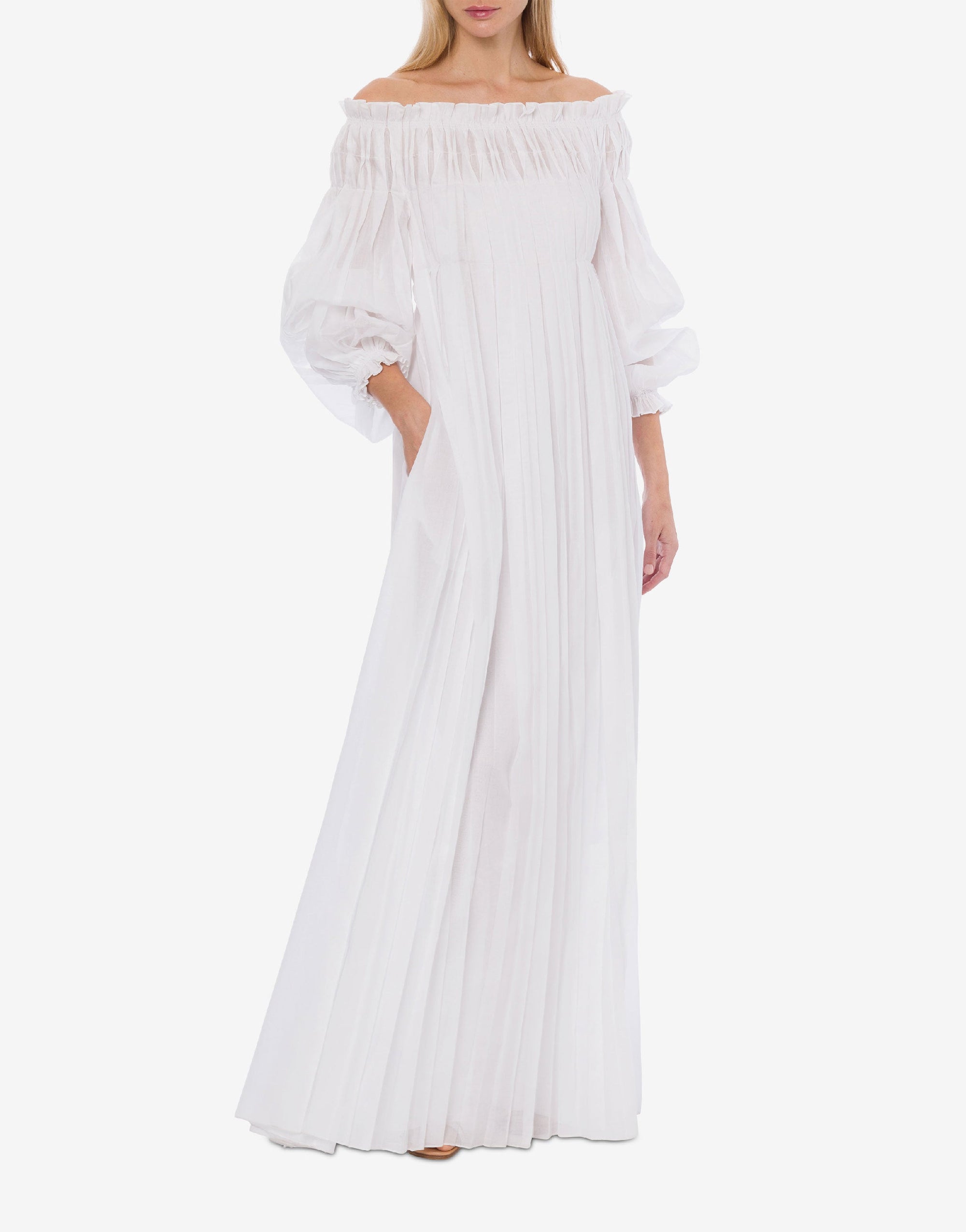 Robe longue en coton plissé - White
