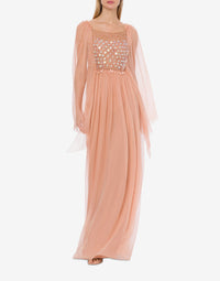 Robe longue en soie avec broderie - Pink
