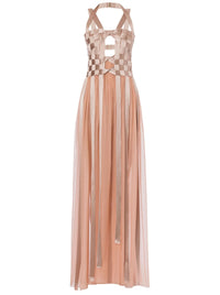 Robe longue en satin et mousseline avec rubans - Pink