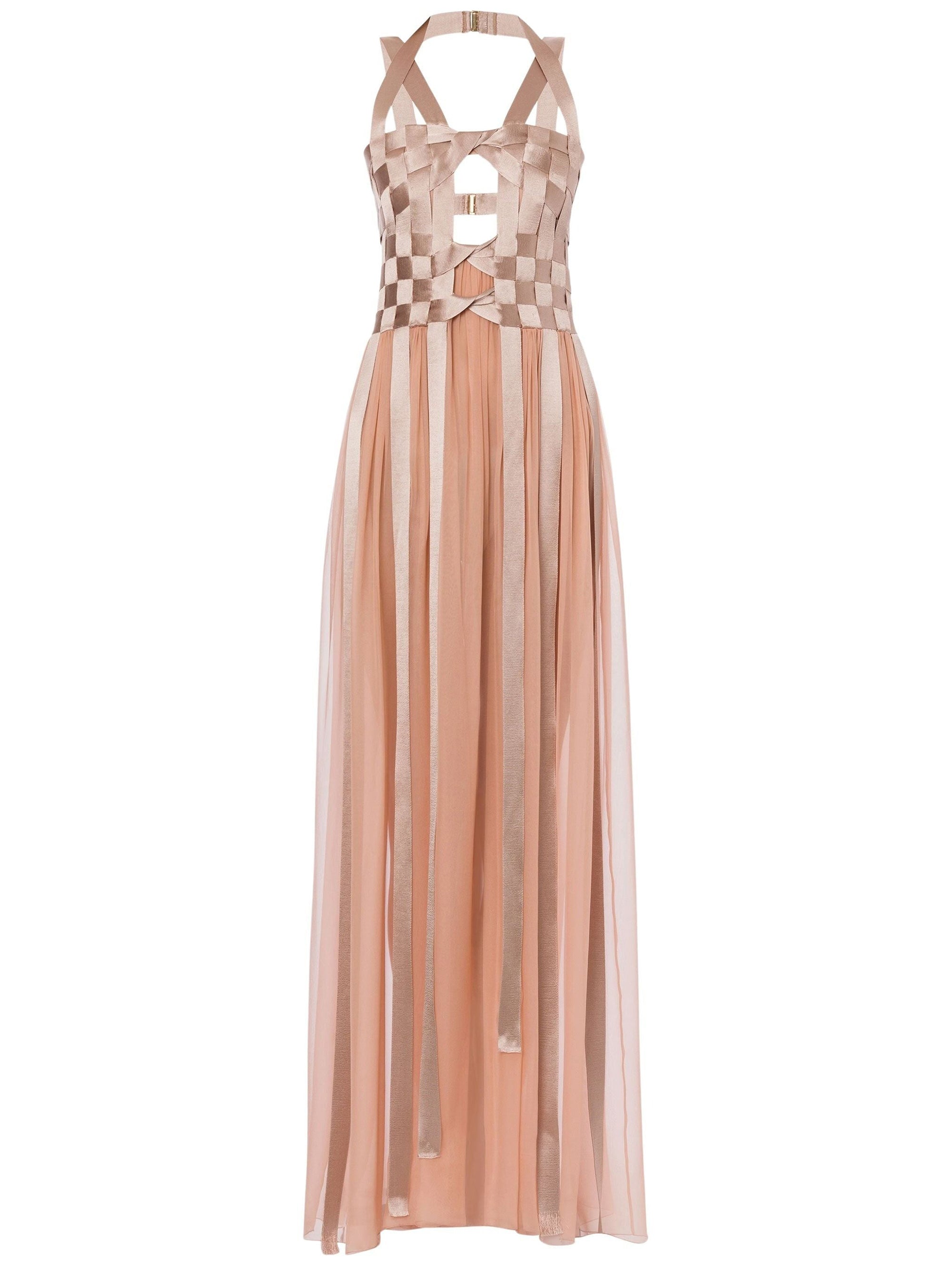 Robe longue en satin et mousseline avec rubans - Pink