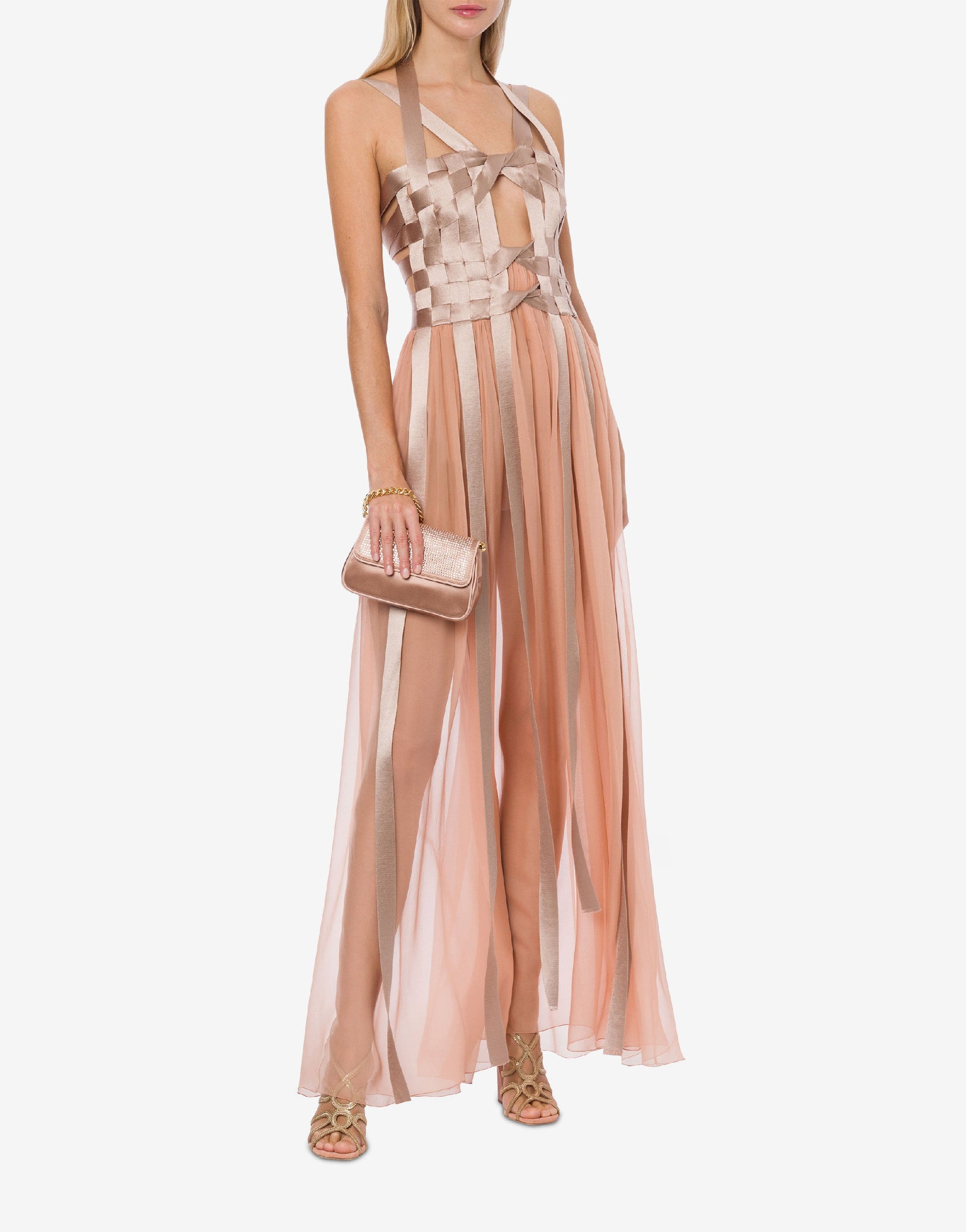 Robe longue en satin et mousseline avec rubans - Pink
