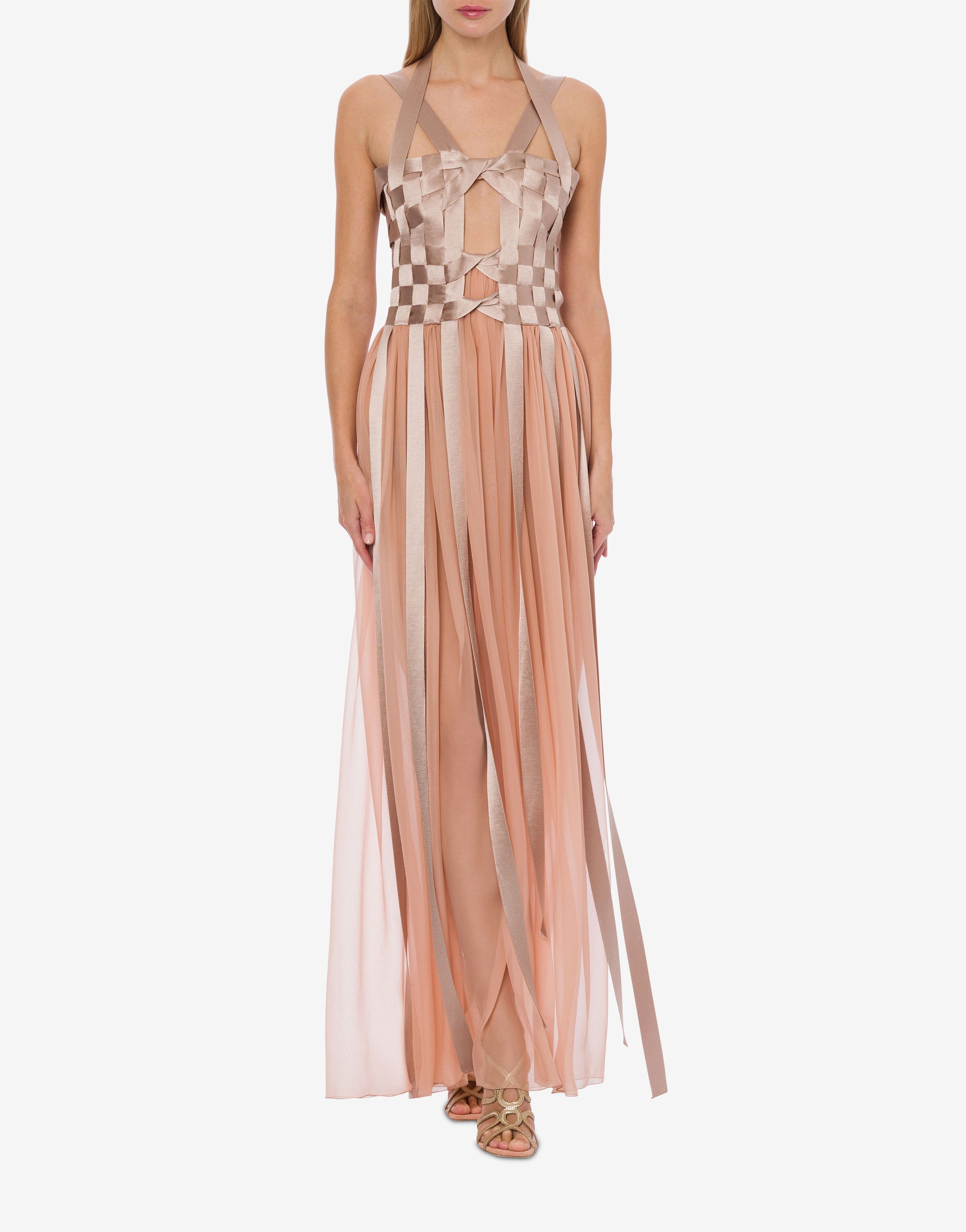 Robe longue en satin et mousseline avec rubans - Pink