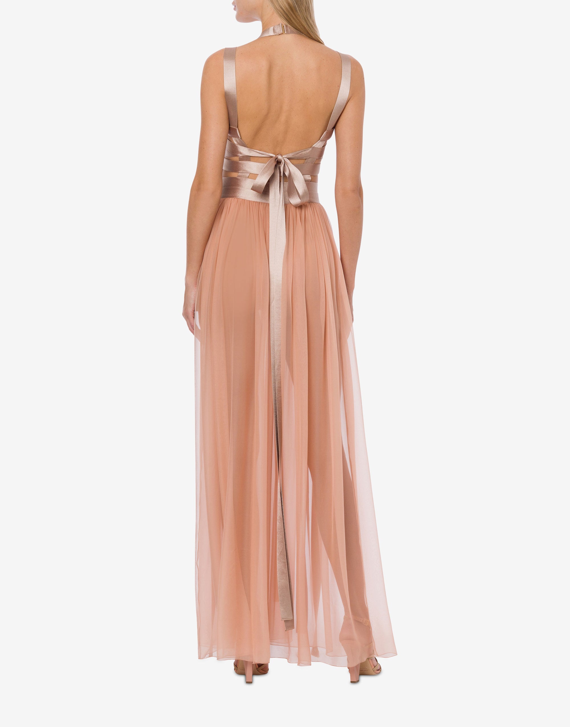 Robe longue en satin et mousseline avec rubans - Pink