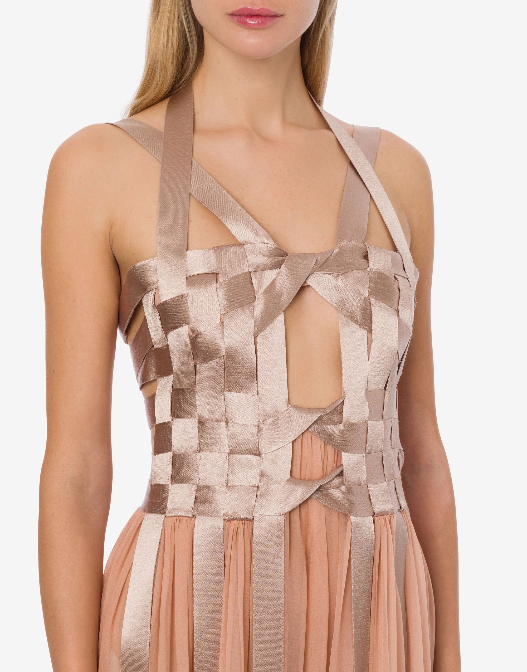 Robe longue en satin et mousseline avec rubans - Pink