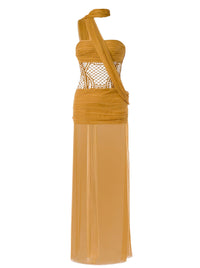 Chiffon and macramé maxi dress with scarf - Yellow