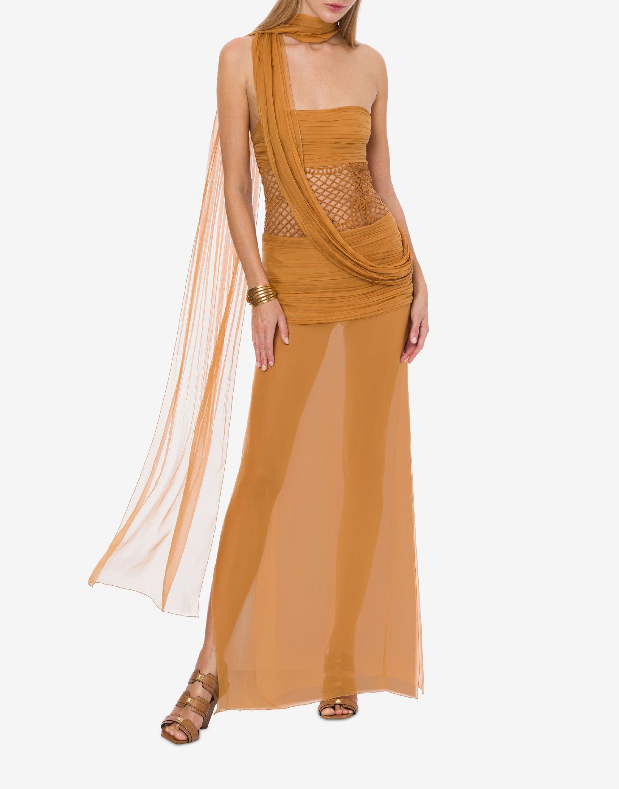 Chiffon and macramé maxi dress with scarf - Yellow