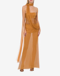 Chiffon and macramé maxi dress with scarf - Yellow