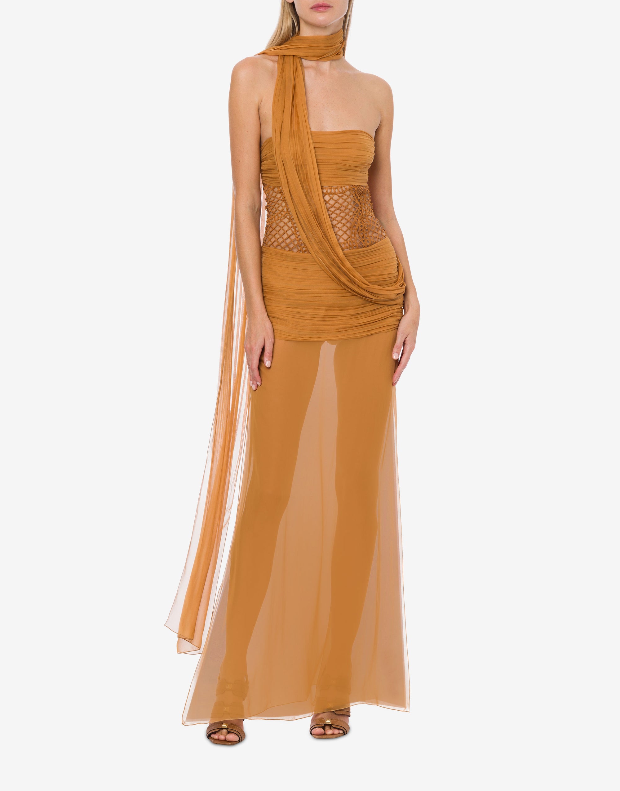 Chiffon and macramé maxi dress with scarf - Yellow