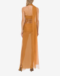 Chiffon and macramé maxi dress with scarf - Yellow