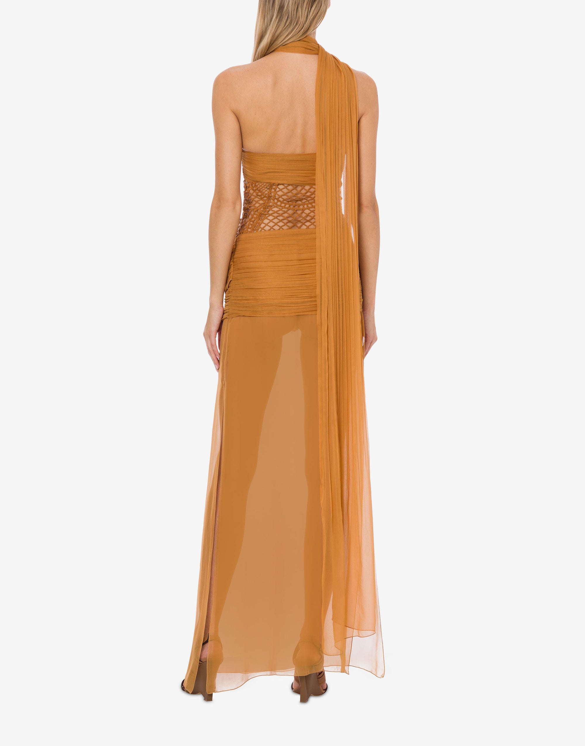 Chiffon and macramé maxi dress with scarf - Yellow