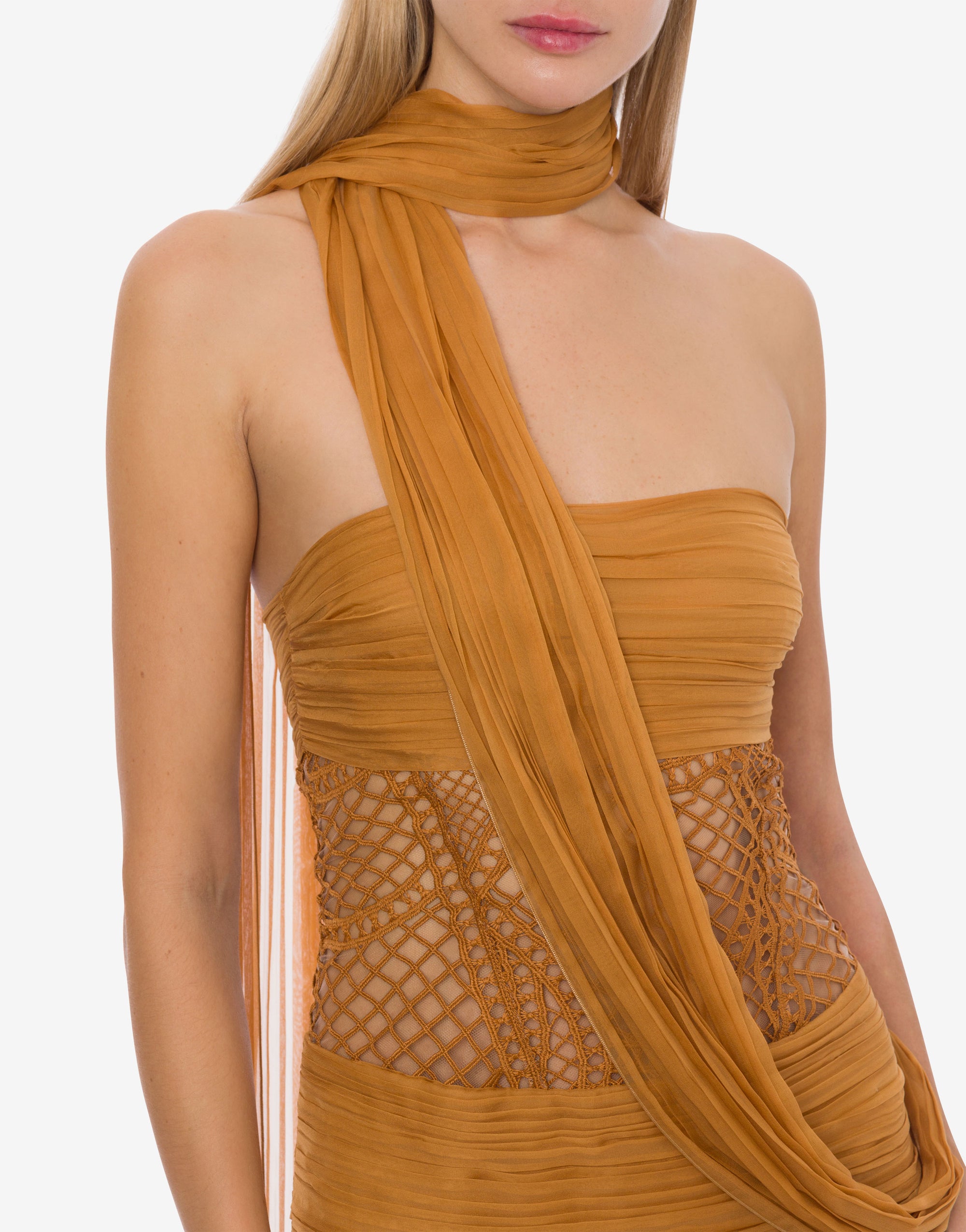 Chiffon and macramé maxi dress with scarf - Yellow