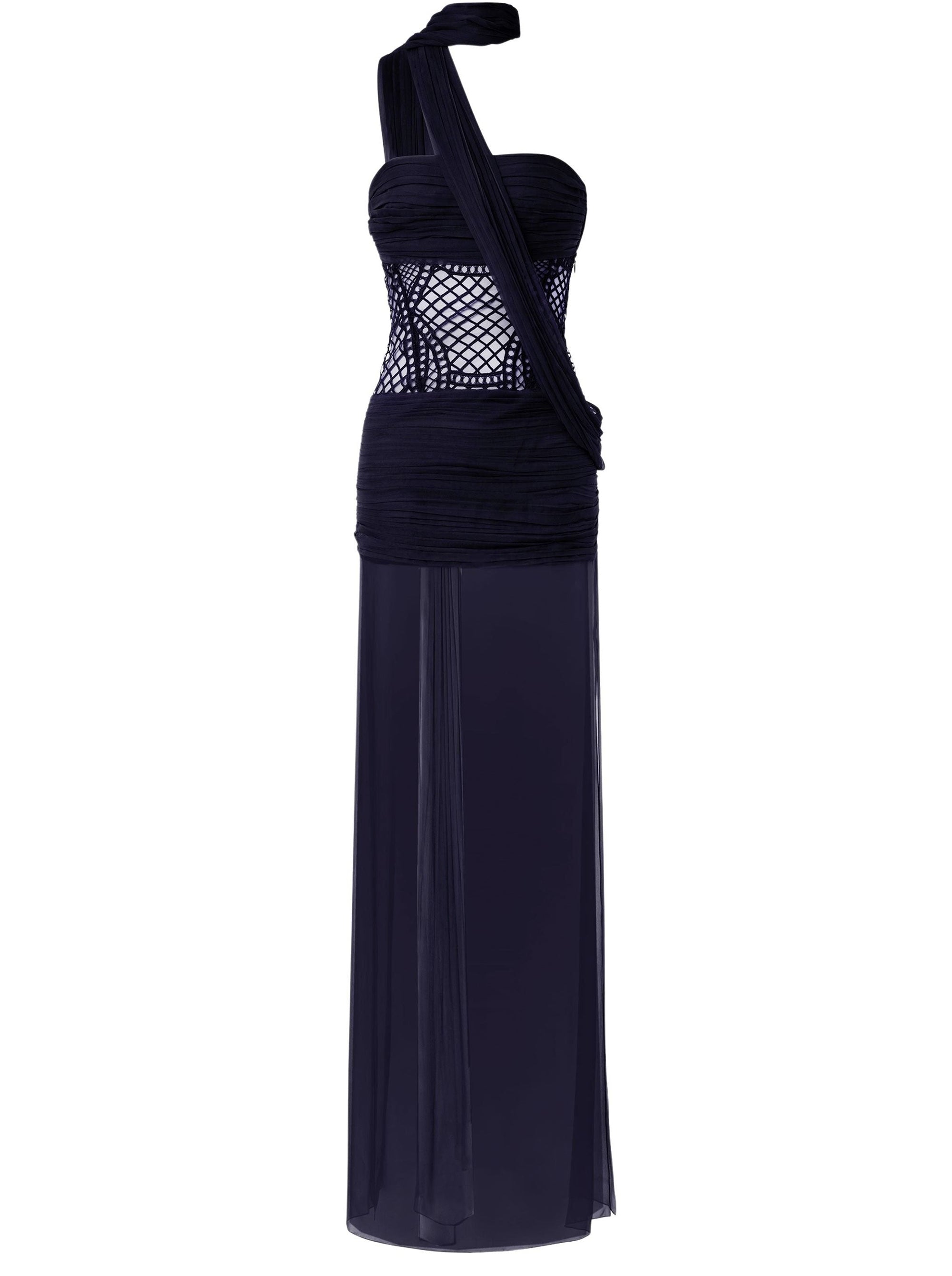 Robe longue en mousseline et macramé avec écharpe - Blue