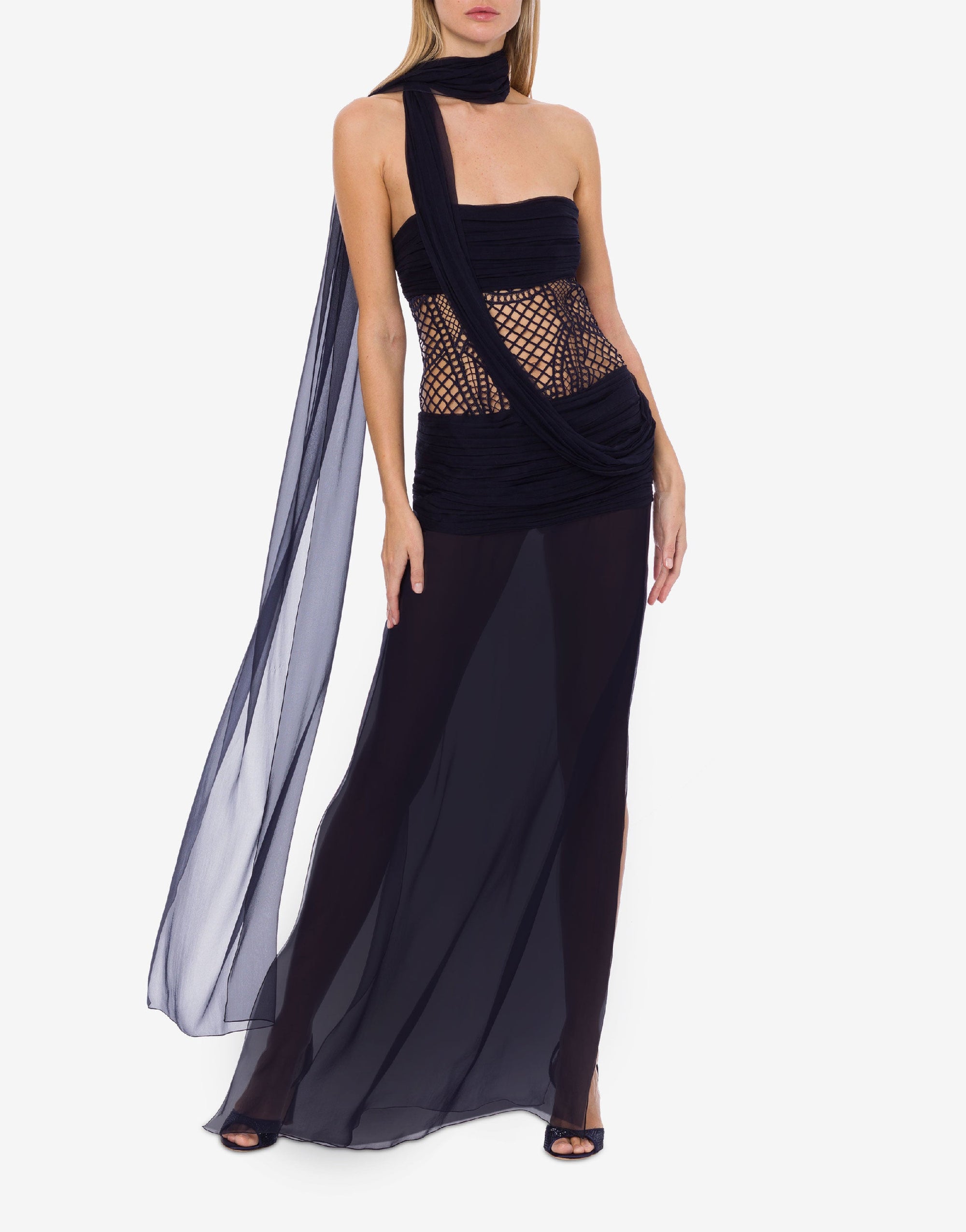 Robe longue en mousseline et macramé avec écharpe - Blue
