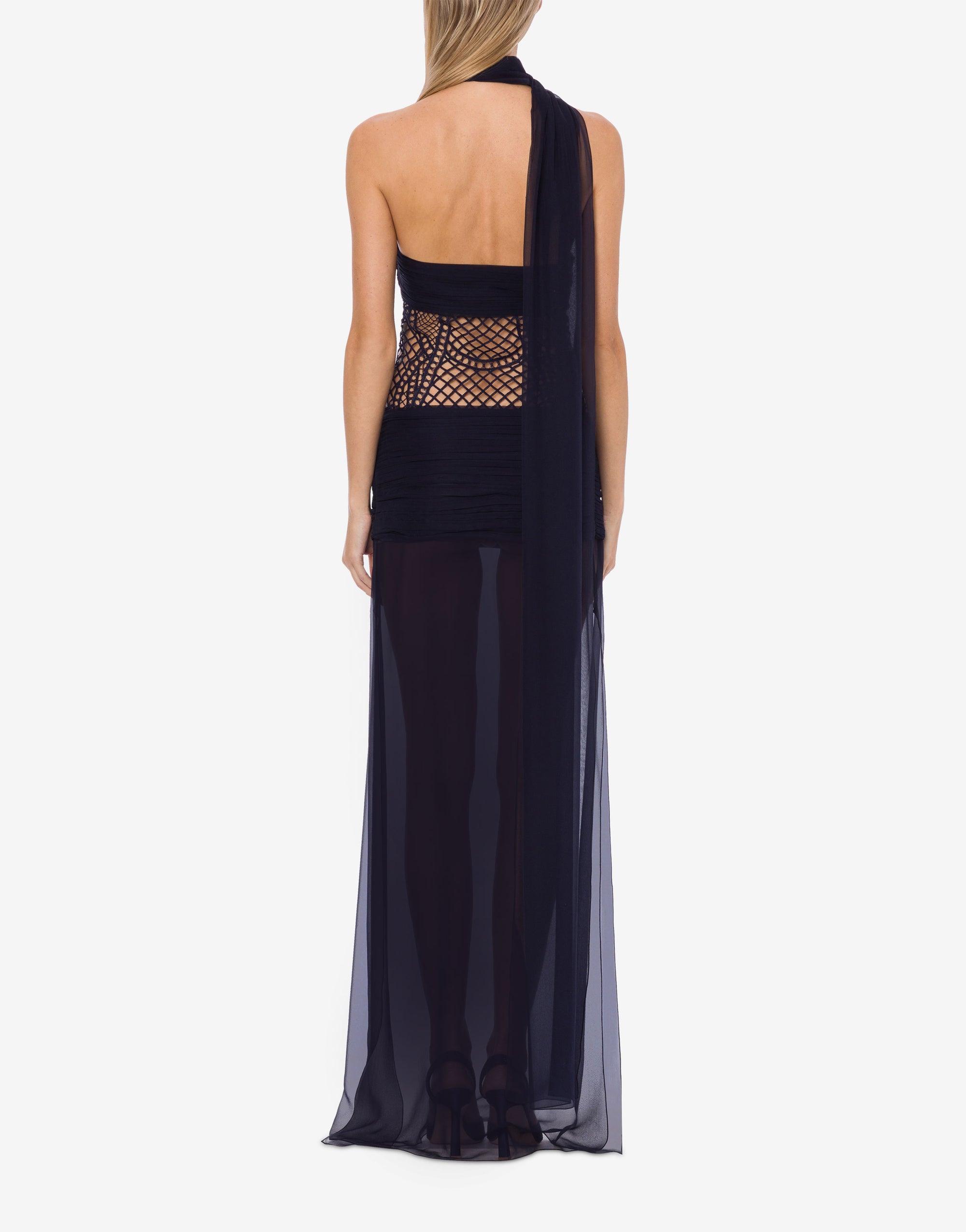 Robe longue en mousseline et macramé avec écharpe - Blue