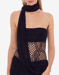 Robe longue en mousseline et macramé avec écharpe - Blue