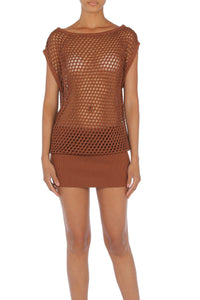 Robe courte en maille ajourée - Brown