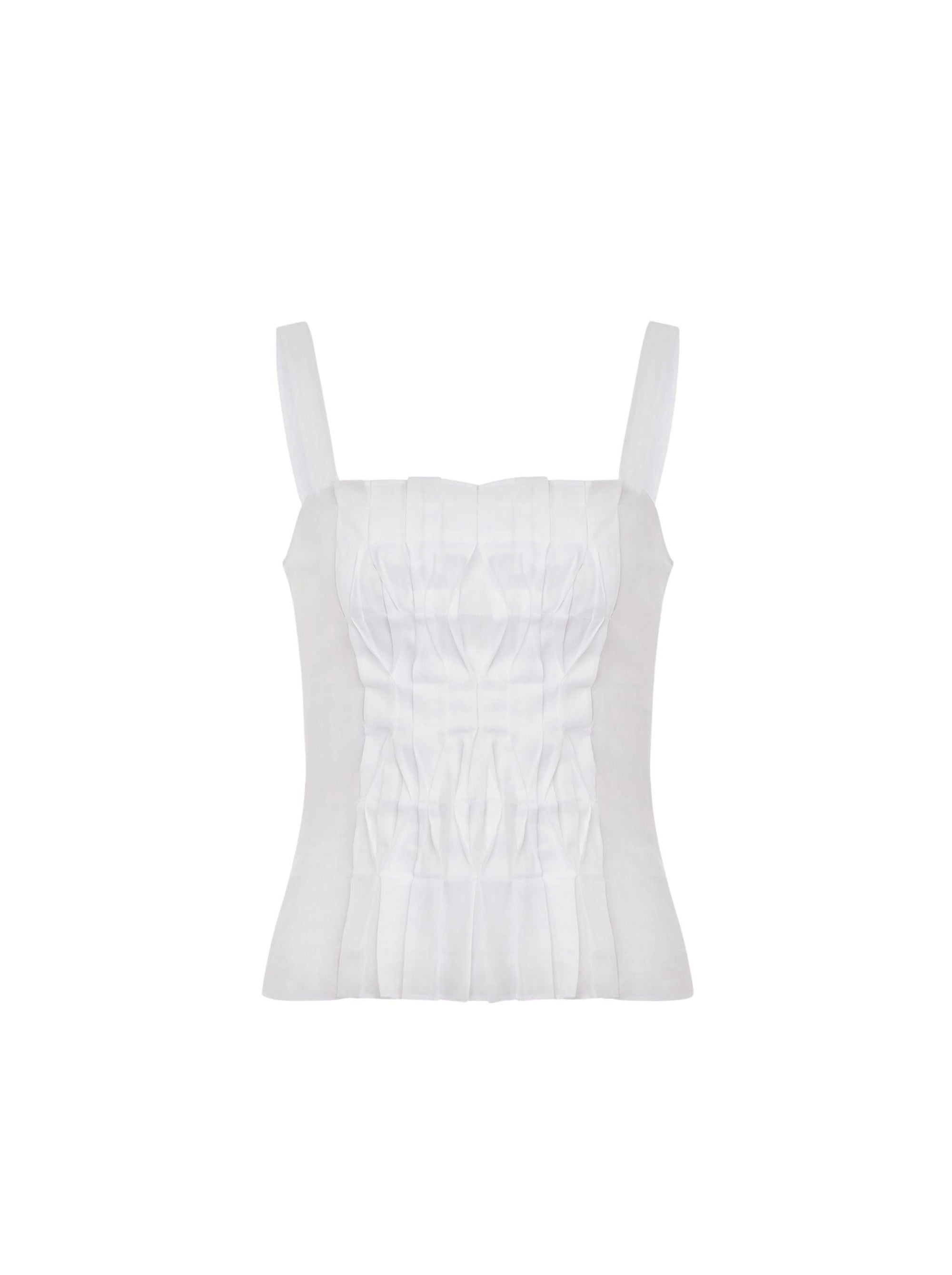 Top en voile de coton organza avec plis - White