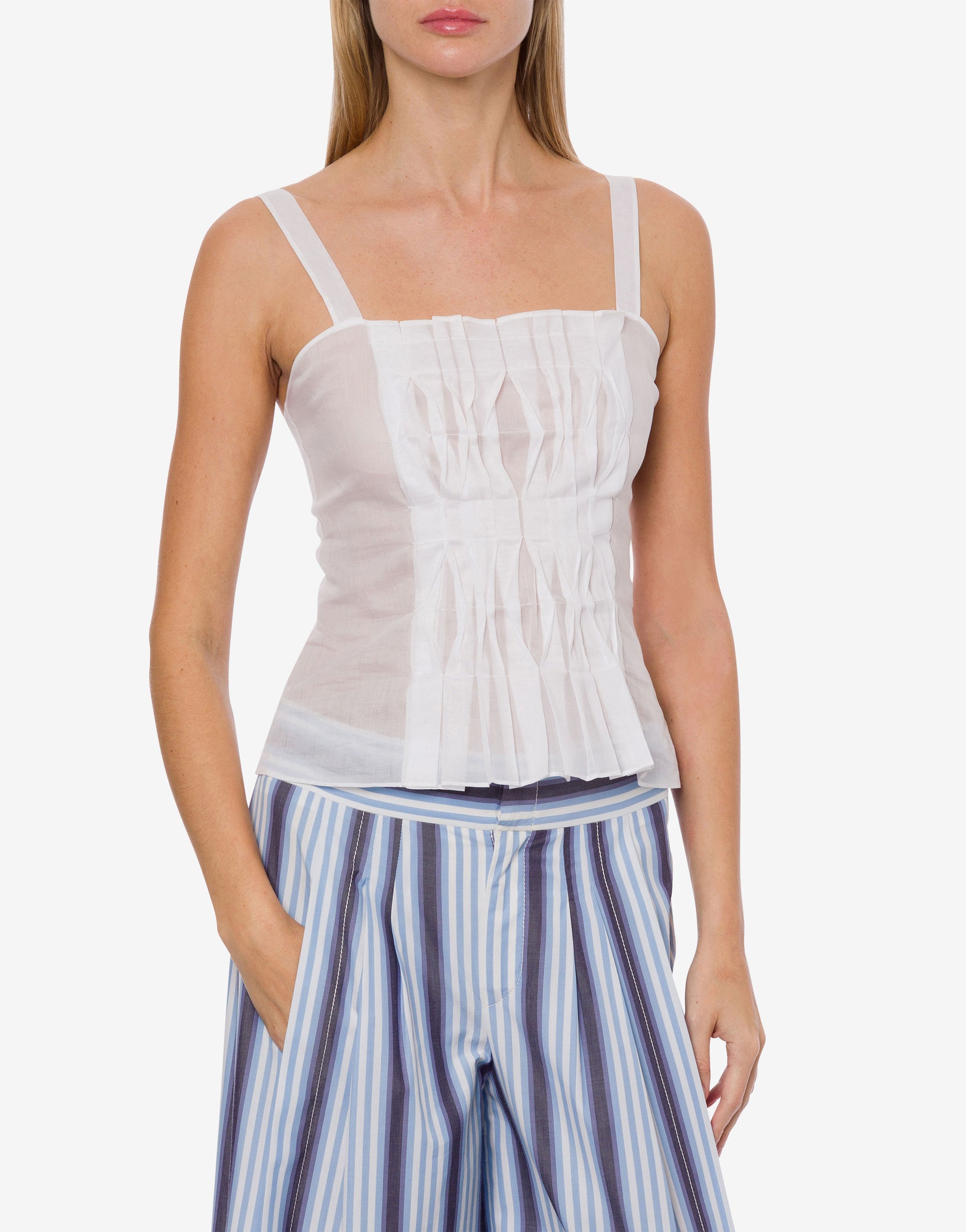 Top en voile de coton organza avec plis - White