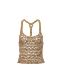 Top court en lin et chaînette dorée - Beige