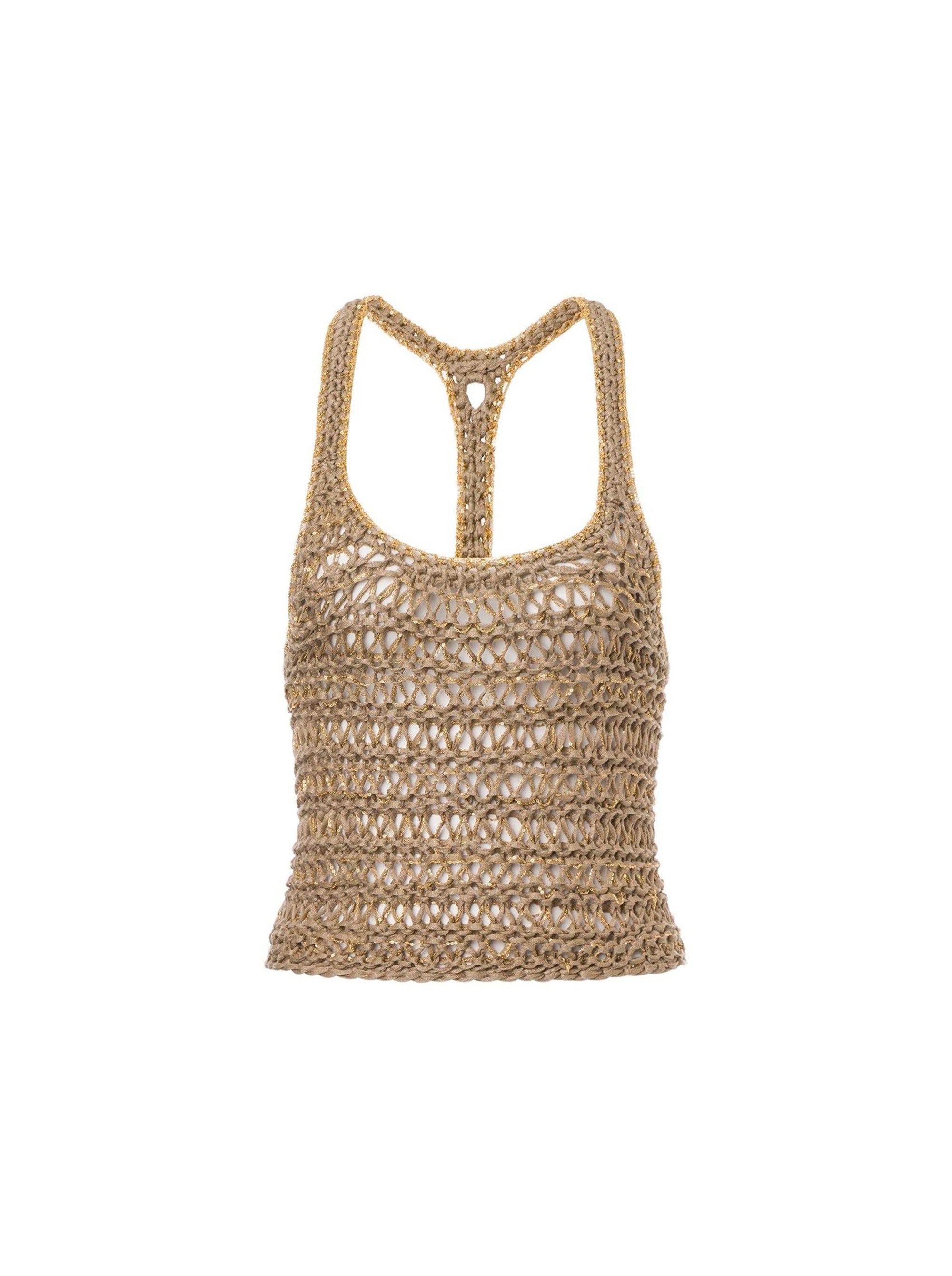 Top court en lin et chaînette dorée - Beige